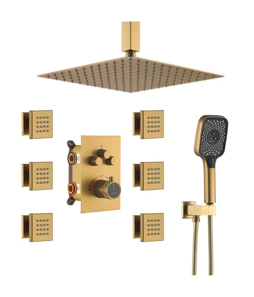 CASAINC 12" Luxury Shower System Set w 6 Body Jets & Handheld Spray, Brushed Gold