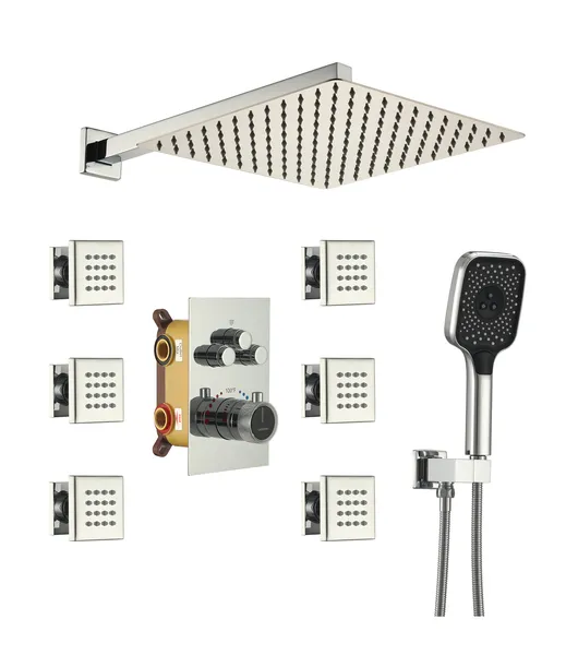 CASAINC 12" Wall Mounted Rainfall Shower Head with 6 Body Jets Shower System, Chrome