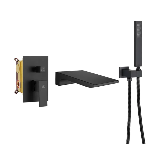 CASAINC Shower Faucet Set with Handheld Shower Head & Waterfall Spout Fixture, Matte Black