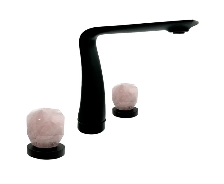 CastelloUSA Widespread 3 Hole Bath Faucet, Two Rose Quartz Handles, Matte Black