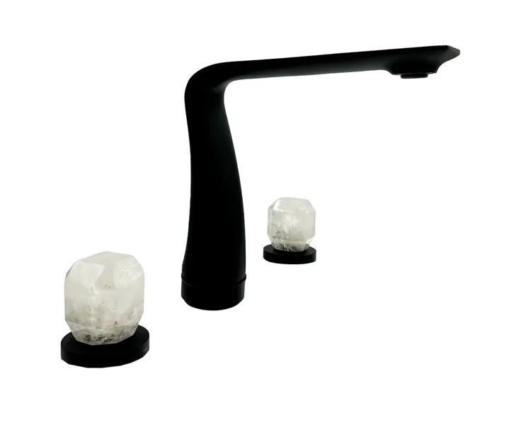 CastelloUSA Widespread, Bath Faucet, 2-White Rock Crystal Handles, Matte Black
