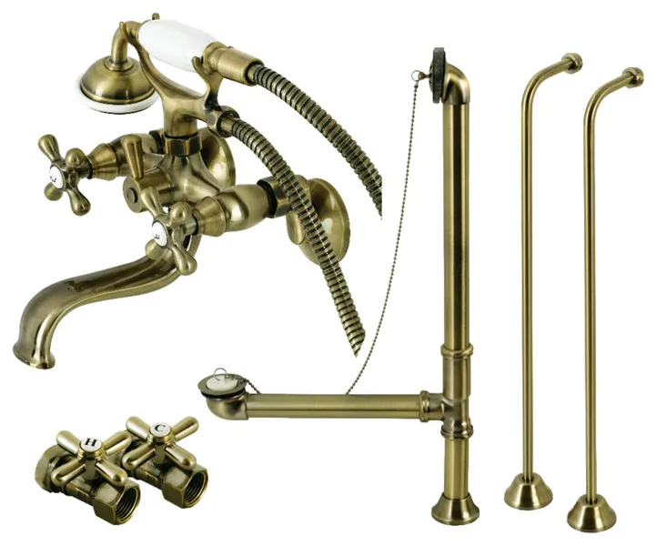 CCK225AB Wall Mount Clawfoot Tub Faucet Package With Supply Line, Antique Brass