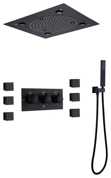 Ceiling Mounted Shower System with Handheld Shower & 6 Body Jets, Matte Black