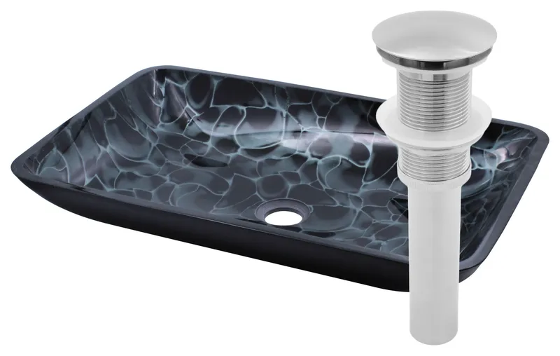 Cellule Hand Painted Black & Silver Rectangle Glass Vessel Bath Sink with Drain, Brushed Nickel