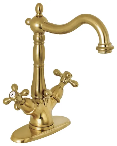 Centerset Faucet with Cross Handles, Arched Spout & Pop-Up Drain Included, Brass