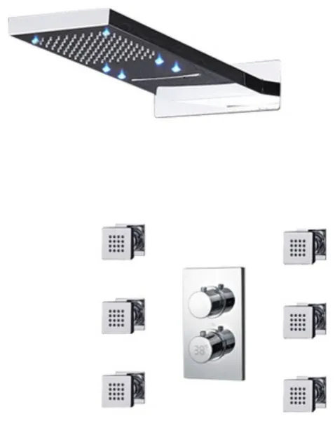 Cesena 22" Chrome Wall Mount Rainfall Shower System and 6 Body Jets, LED