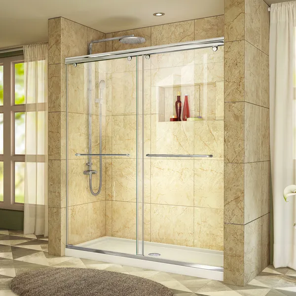 Charisma 30"Dx60"W Frameless Bypass Shower Door, Chrome, Center Drain White Base