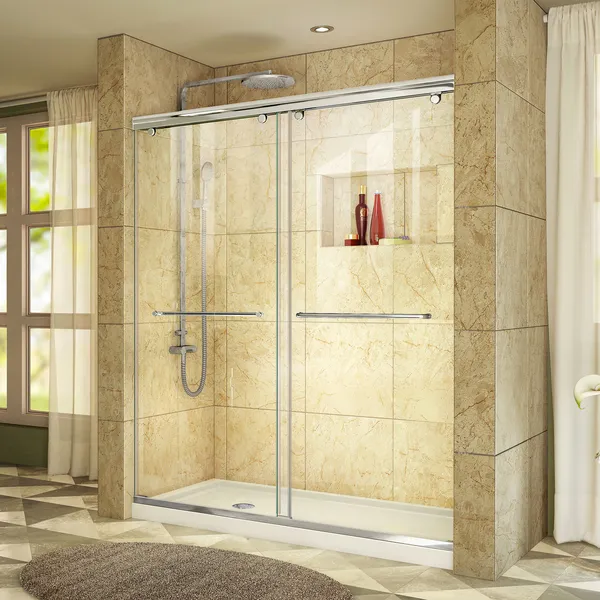 Charisma 36"Dx60"W Frameless Bypass Shower Door, Chrome, Left Drain White Base