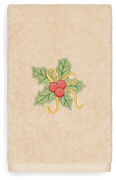 Christmas Holly Bunch, Embroidered Luxuryturkish Cotton Hand Towel, Sand