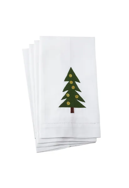 Christmas Tree Embroidery Design Hemstitched Linen Cotton Guest Towel Set of 4