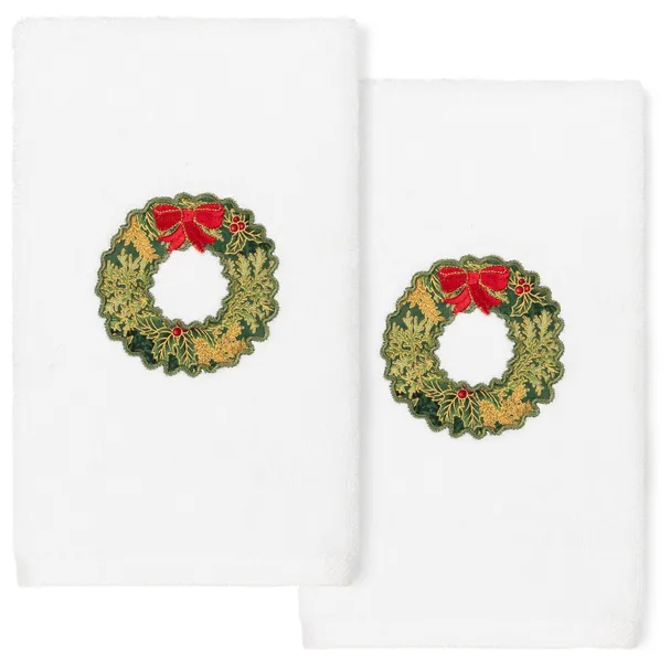 Christmas Wreath, Embroidered Luxuryturkish Cotton Hand Towels, Set of 2, White