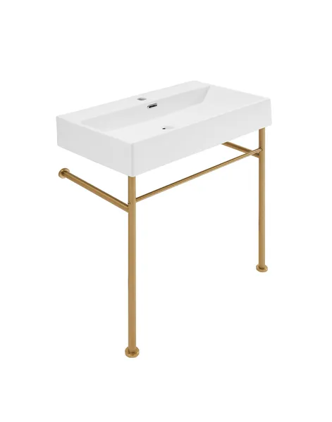 Claire 30" Ceramic Console Sink White Basin Gold Legs, Brushed Gold