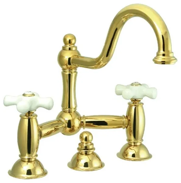 Classic Bathroom Bridge Faucet with White Cross Handles and Arched Spout, Brass