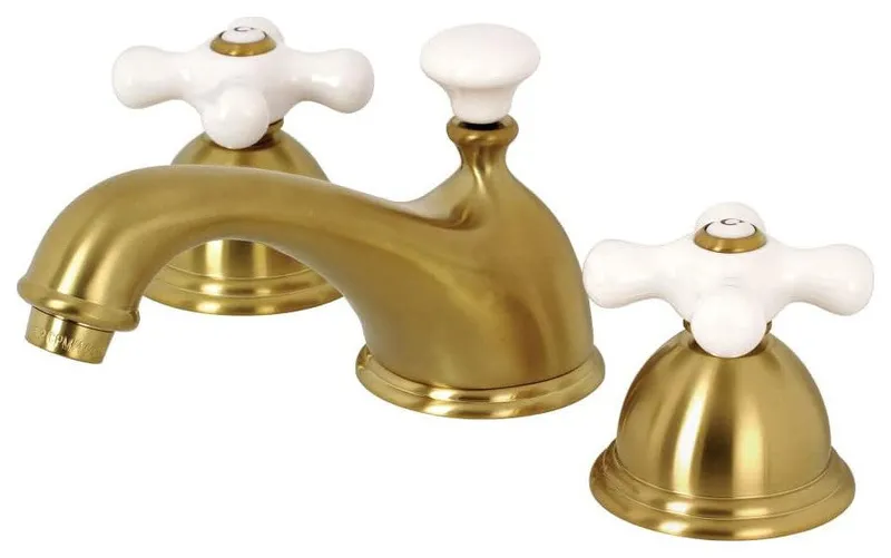Classic Bathroom Faucet with Dual White Cross Handles and Low Profile Spout, Brushed Brass