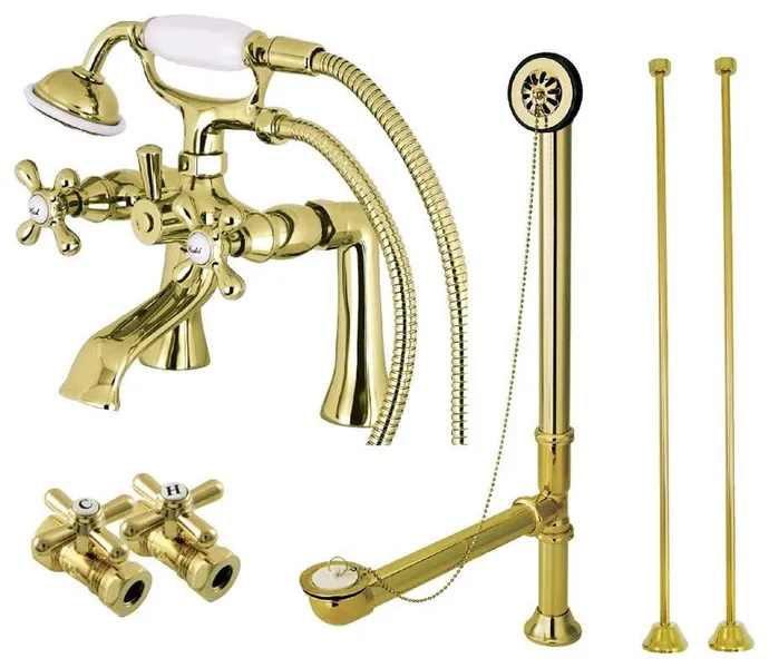 Clawfoot Bathtub Faucet Kit with Porcelain Hand Shower and Adjustable Drain, Polished Brass
