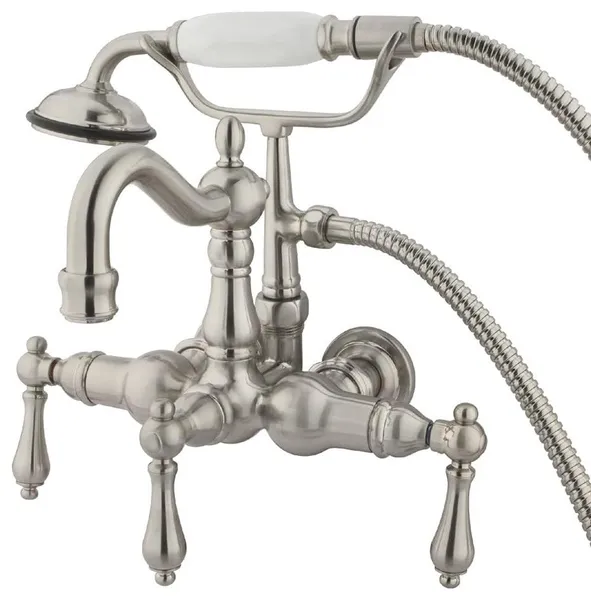 Clawfoot Tub Faucet with Hand Shower and White Porcelain Lever Handles, Brushed Nickel