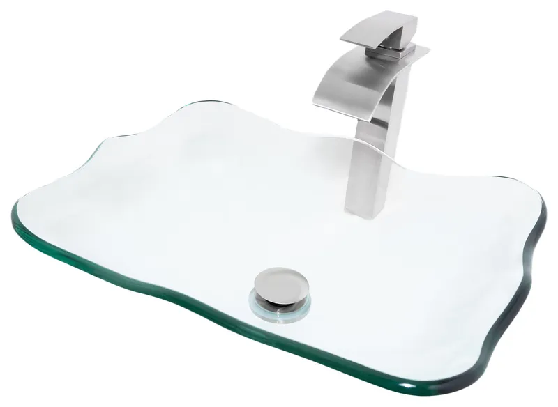 Clear Scalloped Tempered Glass Vessel Bathroom Sink Combo with Faucet and Drain, Brushed Nickel