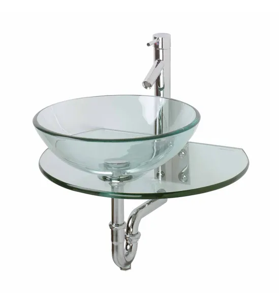Clear Tempered Glass Vessel Sink Round Wall Mount Sink with Faucet and Drain