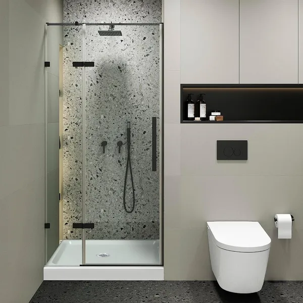Clear Tempered Shower Glass Door, Shower Base Complete Kit, Black, 32