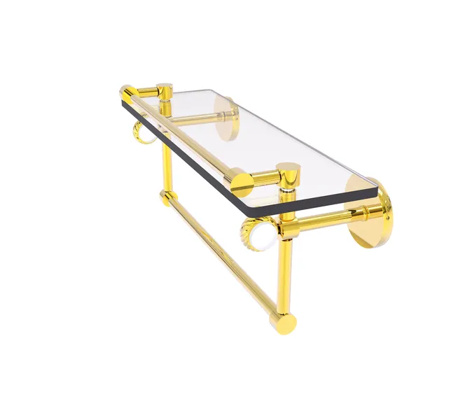 Clearview 16" Glass Gallery Shelf, Towel Bar and Twisted Accents, Polished Brass