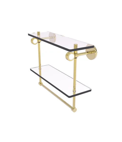 Clearview 16" Groovy Accent Double Glass Shelf with Towel Bar, Unlacquered Brass