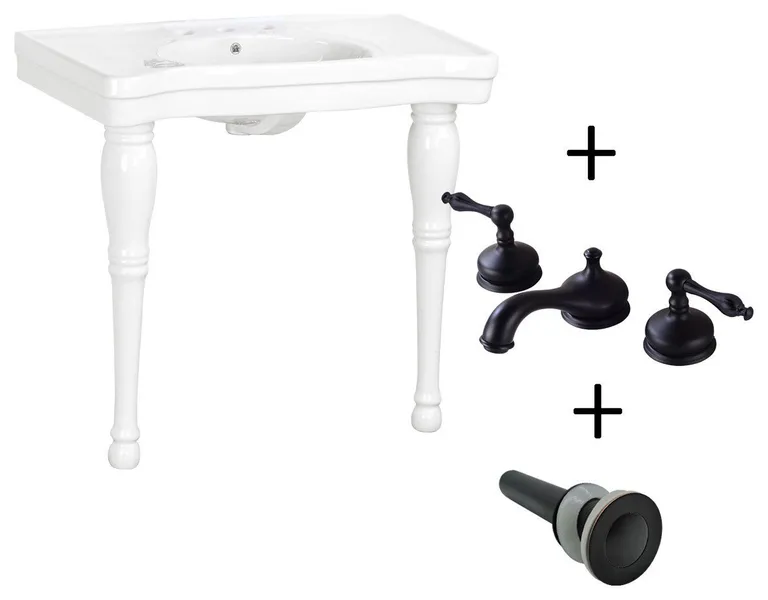 Console Sink White Porcelain with Hardwood Leg & 8" Widespread Faucet