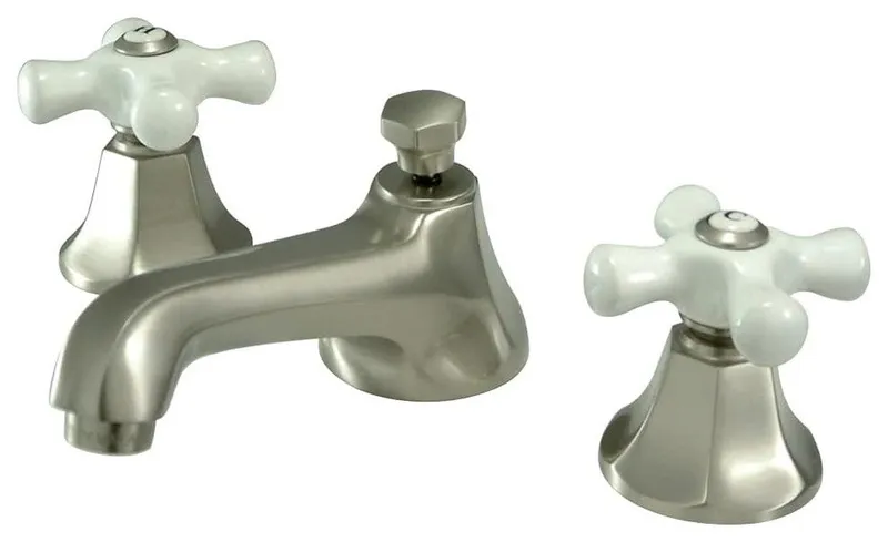 Contemporary Bathroom Faucet with Solid Brass Build and Crossed White Handles, Brushed Nickel