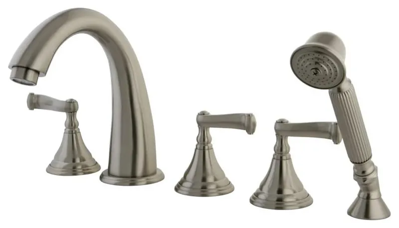 Contemporary Deck Mount Tub Filler, Scrolled Handles & Hand Shower, Brushed Nickel