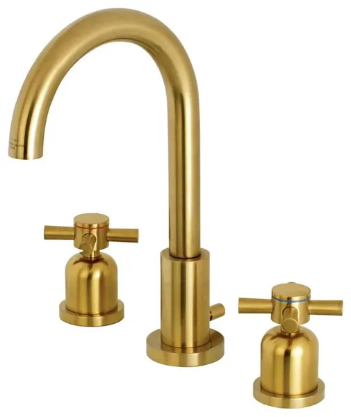 Contemporary Widespread Bathroom Faucet with Arched Spout and Cross Handles, Brushed Brass