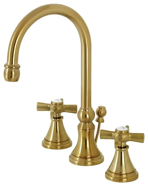 Contemporary Widespread Bathroom Faucet with Cross Handles and Tall Spout, Brushed Brass