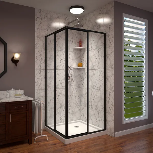 Cornerview 42x42x74 3/4 Sliding Shower Enclosure, Shower Satin Black, DL-6709-09