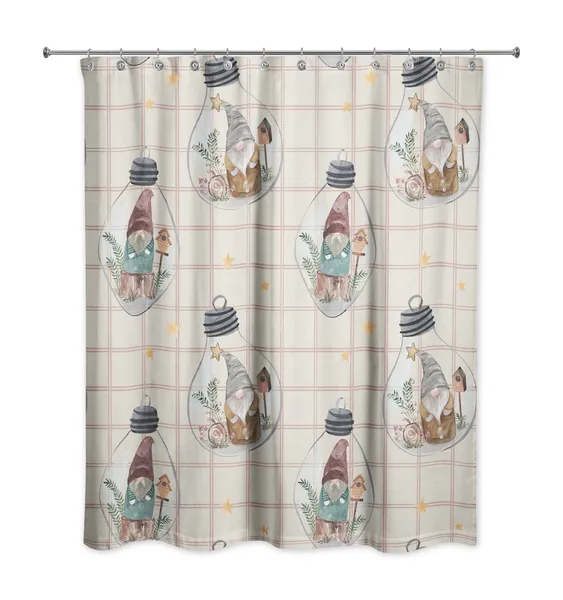 Cream and Red Check Gnome Globe Pattern 71x74 Shower Curtain