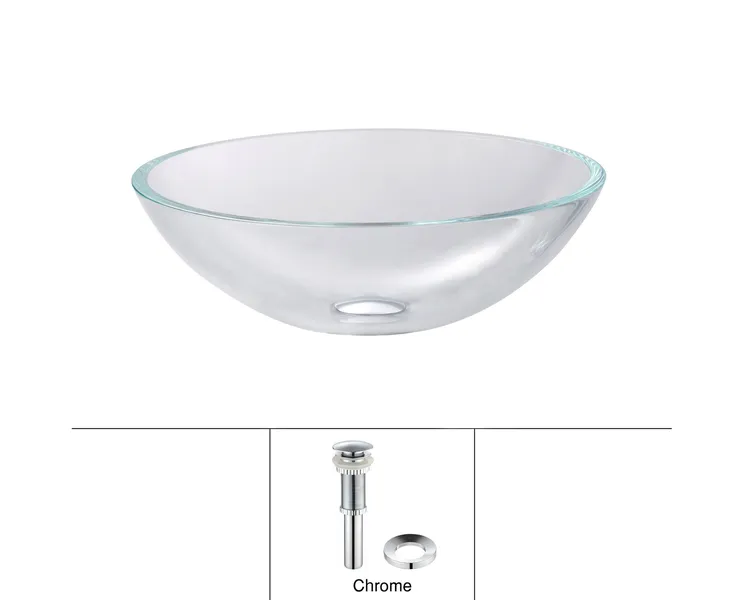 Crystal Clear 16 1/2" Glass Vessel Bathroom Sink, Drain, Mounting Ring, Chrome