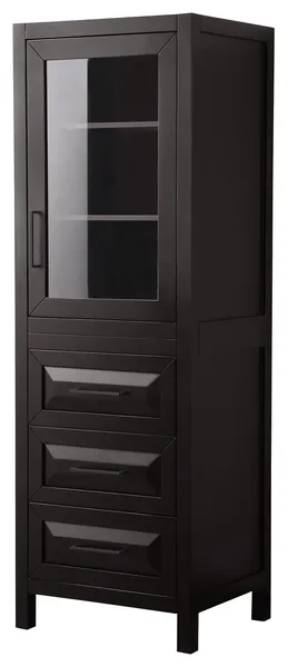 Daria Linen Tower in Espresso, Black Trim, Shelved Cabinet Storage, 3 Drawers