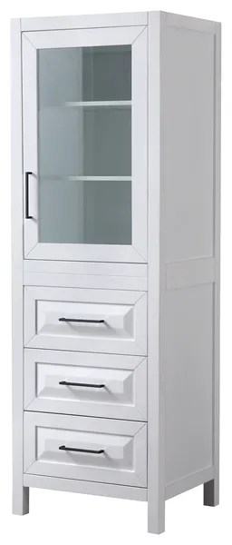 Daria Linen Tower in White, Matte Black Trim, Shelved Cabinet Storage, 3 Drawers