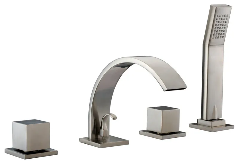 Dawn 4-Hole Tub Filler, Handshower, Handles and Sheetflow Spout, Brushed Nickel