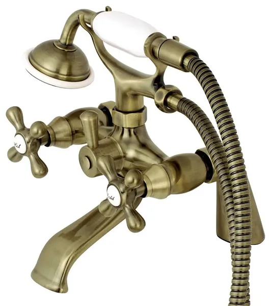 Deck Mount Clawfoot Tub Faucet with Crossed Handles and Hand Shower, Antique Brass