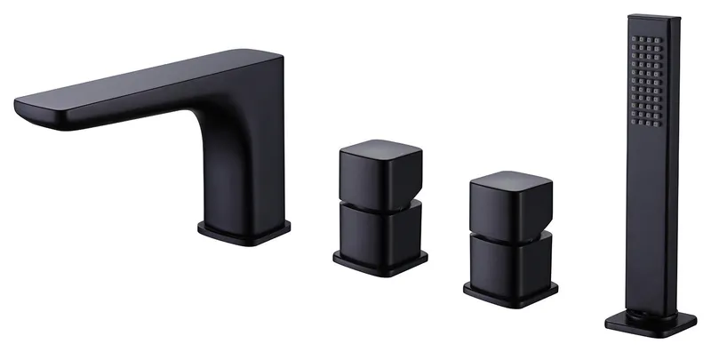 Deck Mount Roman Dual Handles Tub Faucet with Hand Shower, Matte Black