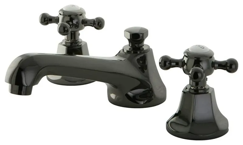 Deck-Mount Widespread Bathroom Faucet, Brass Cross Handles, 1.2 GPM Flow, Black Stainless Steel