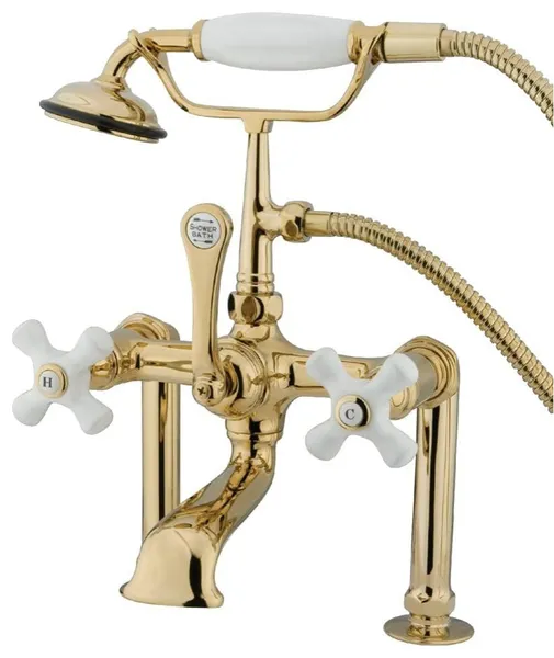 Deck Mounted Bathtub Faucet with Porcelain Cross Levers and Hand Shower, Polished Brass