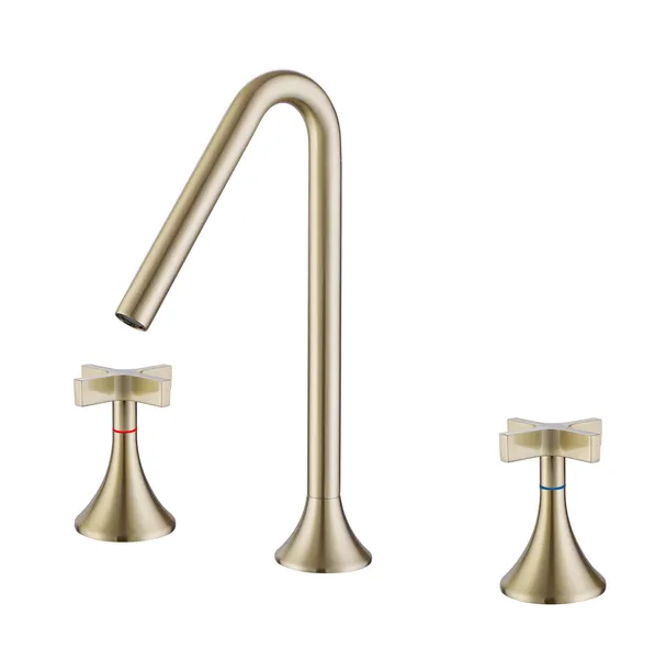 Deck Mounted Dual Cross Handles Bathroom Sink Faucet, Brushed Gold