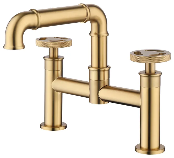 Deck Mounted Dual Handle Bridge Bathroom Faucet, Brushed Gold