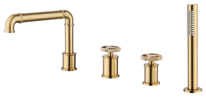 Deck Mounted Modern Tub Filler With Double Wheel Handles And Handshower, Brushed