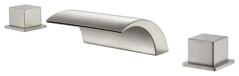 Deck Mounted Tub Faucet with Waterfall Spout and Dual Square Knob Handles, Brushed Nickel