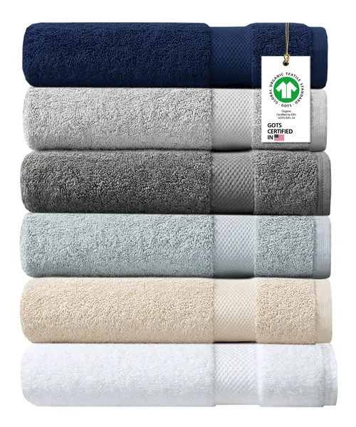 Delara Organic Cotton Bath Towel, 650 GSM, Quick Dry 30"x58", 6 Pack Multi-Color