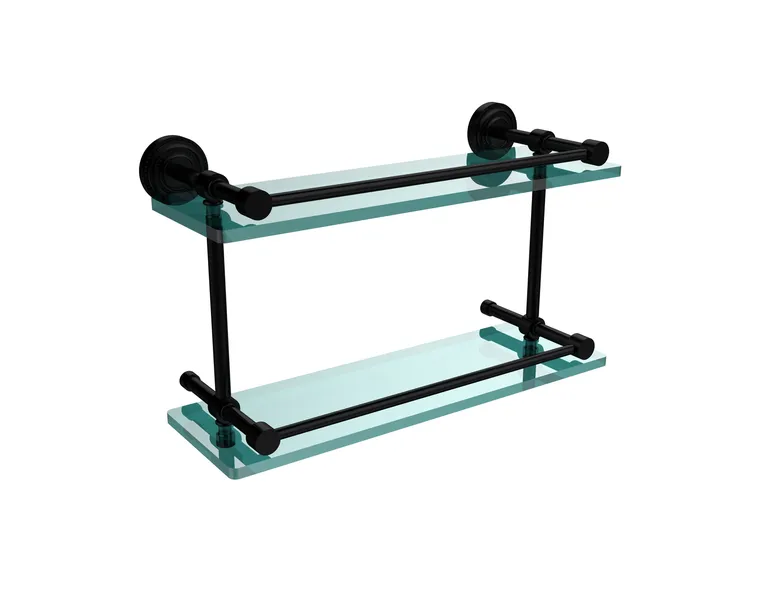 Dottingham 16" Double Glass Shelf with Gallery Rail, Matte Black