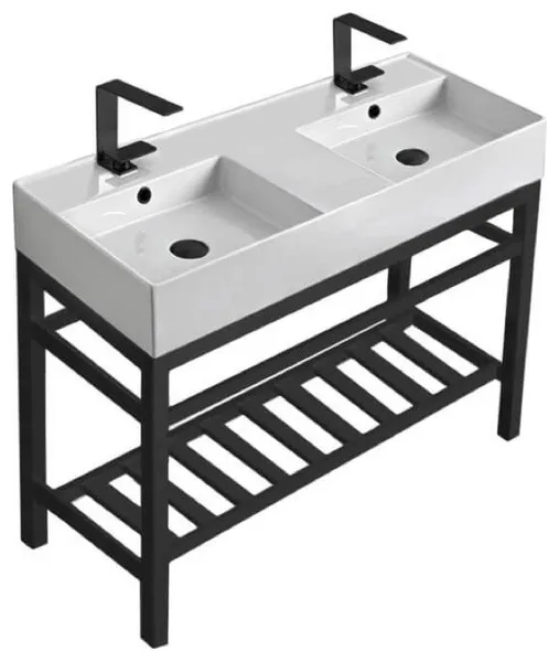Double Ceramic Wall Mounted Sink With Matte Black Stand, Two Hole