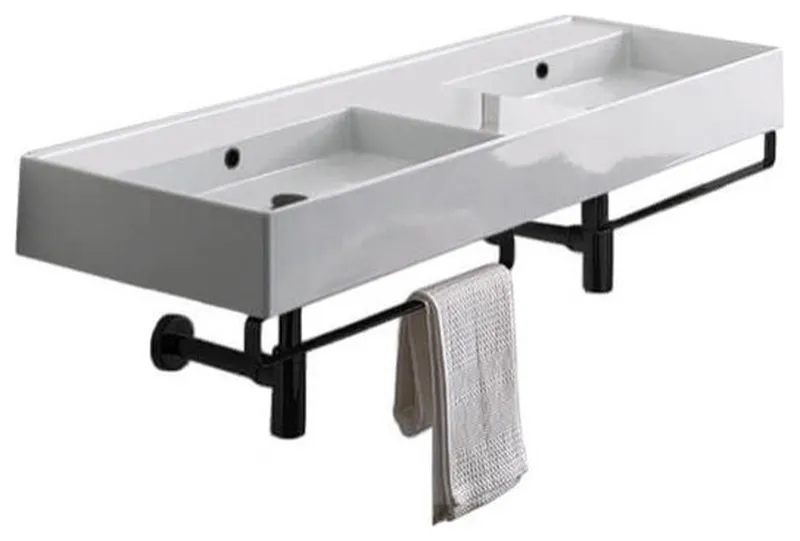 Double Ceramic Wall Mounted Sink With Matte Black Towel Holder, No Hole