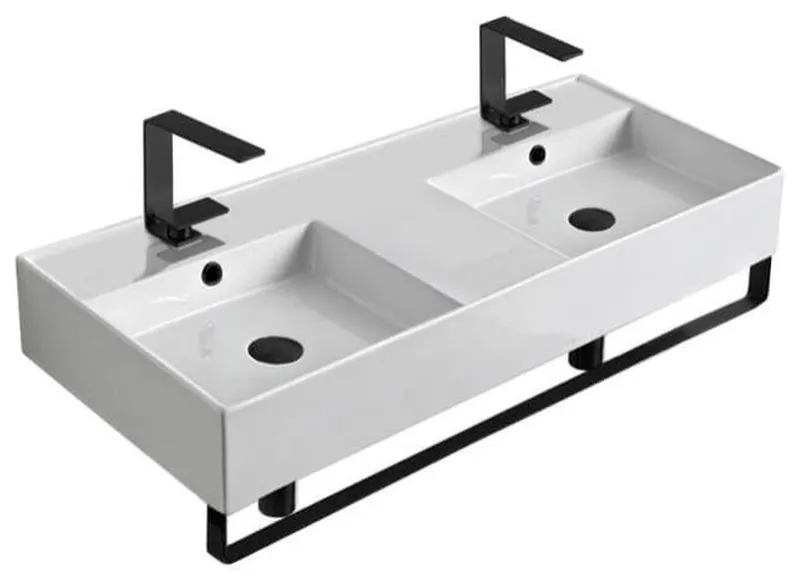 Double Ceramic Wall Mounted Sink With Matte Black Towel Holder, Two Hole