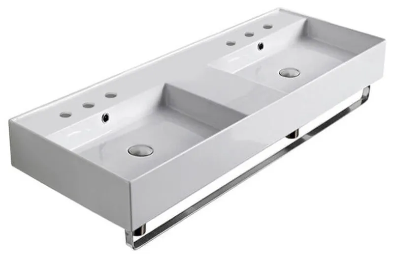 Double Ceramic Wall Mounted Sink With Polished Chrome Towel Holder, Six Hole